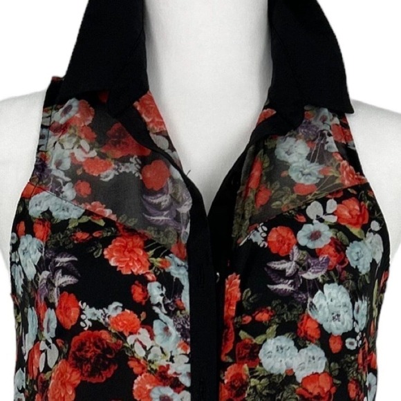 BCBG Shear Floral Sleeveless V-Neck Button Up Blouse Or Micro Mini Size XS - Picture 6 of 16